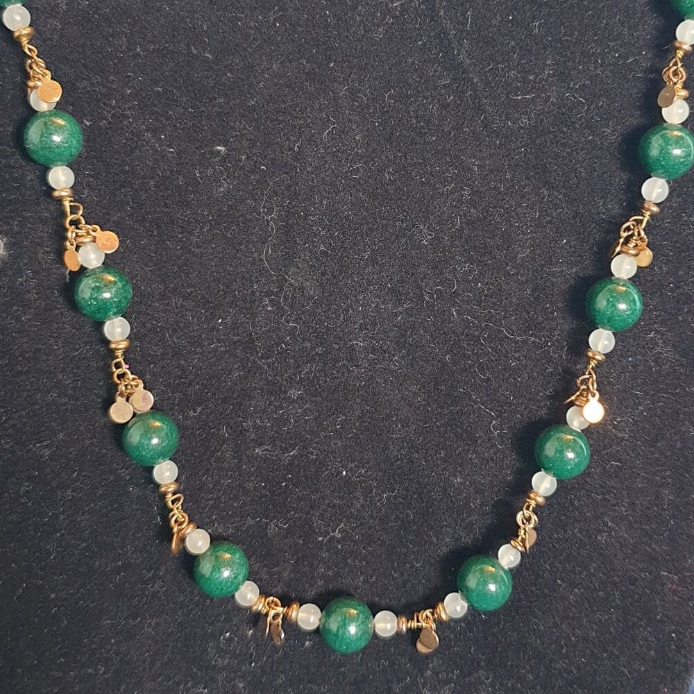 ✨ Vintage Aventurine & Milky Quartz Gold Tone Necklace – Boho Natural Aventurine